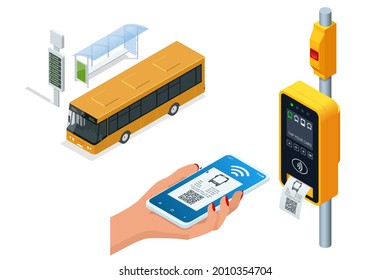 Isometric electronic validator of public transport fare. Contactless wireless payment via mobile phone. Bus ticket validator. Woman paying contactless with smartphone for public transport in the bus