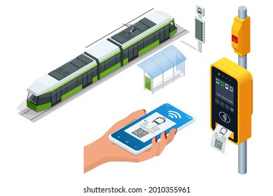 Isometric electronic validator of public transport fare. Contactless wireless payment via mobile phone. tram ticket validator. Woman paying contactless with smartphone for public transport in the tram