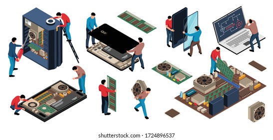 Isometric electronics appliances gadget repair service set with isolated human characters of repairmen with computer circuitry vector illustration