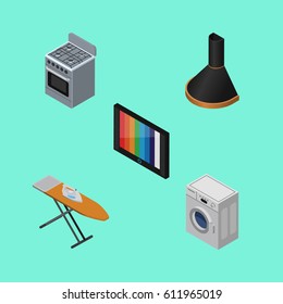 Isometric Electronics Set Of Laundry, Stove, Cloth Iron And Other Vector Objects. Also Includes Cooker, Television, Cloth Elements.