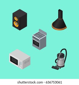 Isometric Electronics Set Of Microwave, Stove, Vac And Other Vector Objects. Also Includes Cooker, Cleaner, Box Elements.