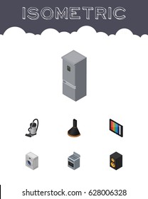 Isometric Electronics Set Of Music Box, Television, Kitchen Fridge And Other Vector Objects. Also Includes Loudspeaker, Hood, Stove Elements.