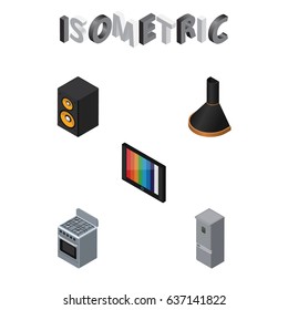 Isometric Electronics Set Of Music Box, Air Extractor, Kitchen Fridge And Other Vector Objects. Also Includes Kitchen, Tv, Loudspeaker Elements.