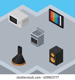 Isometric Electronics Set Of Music Box, Television, Stove And Other Vector Objects. Also Includes Device, Cooker, Television Elements.