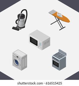 Isometric Electronics Set Of Stove, Cloth Iron, Laundry And Other Vector Objects. Also Includes Board, Laundry, Washing Elements.