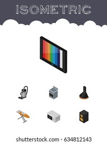Isometric Electronics Set Of Television, Cloth Iron, Air Extractor And Other Vector Objects. Also Includes Music, Ironing, Box Elements.
