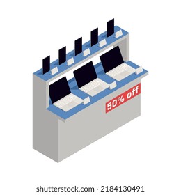 Isometric electronics store showcase with laptops and tablets at discount 3d vector illustration
