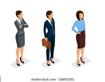 Isometric elegant beautiful business woman in business clothing. Basic wardrobe, feminine code corporate dress on a white background. Isolated. Vector illustration.