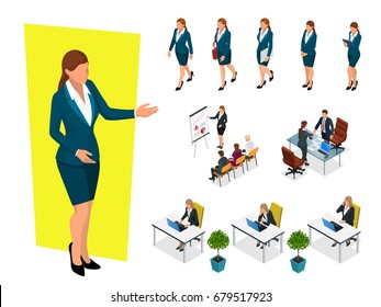 Isometric elegant business women in formal clothes. Base wardrobe, feminine corporate dress code. Business negotiations concept. Set for creating an office worker character. 