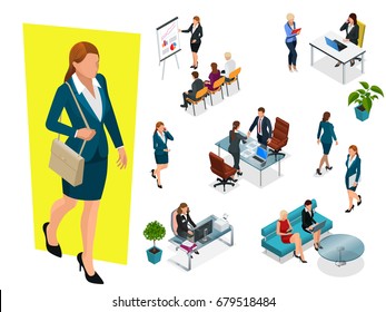 Isometric elegant business women in formal clothes. Base wardrobe, feminine corporate dress code. Business negotiations concept. Set for creating an office worker character. 