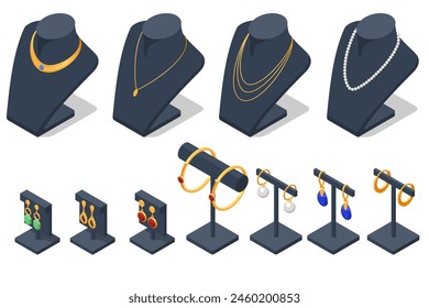 Isometric Elegant jewelry chain, necklace, bracelet, rings and earrings. Jewellery gold and silver ring with diamonds or gemstones. Cartoon jewellery shop showcase. Golden jewel shop