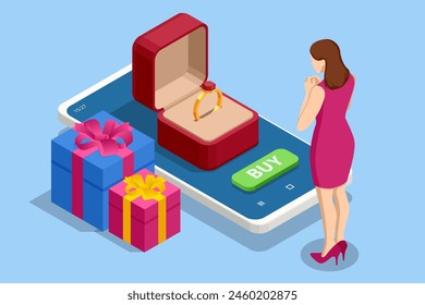 Isometric Elegant jewelry. Female with a smartphone choosing a golden ring in the online store on display in jewelry store. Jewelry boutique. Golden jewel online shop.