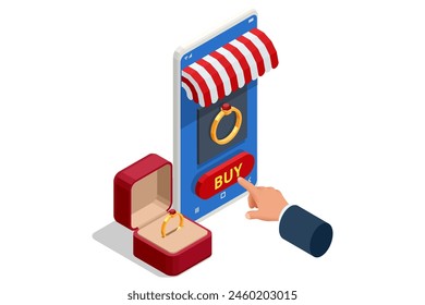 Isometric Elegant jewelry. Male with a smartphone choosing a golden ring in the online store on display in jewelry store. Jewelry boutique. Golden jewel online shop.