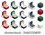 Isometric Elegant jewelry. Opened gift jewelry boxes with ring. Jewellery gold and silver ring with diamonds or gemstones. Cartoon jewellery shop showcase. Golden jewel shop.