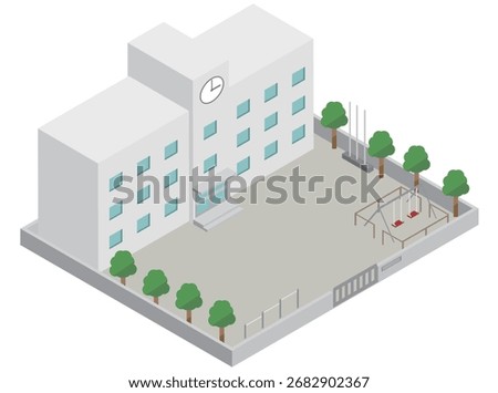 Isometric elementary school building and schoolyard image material