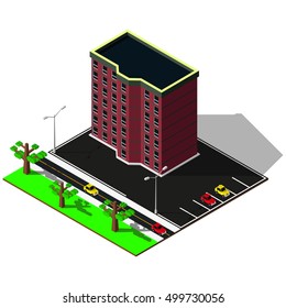 Isometric elements. 3d building with parking illustration. Isometric city map.