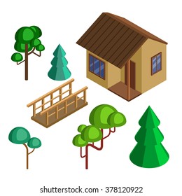 Isometric elements of the cabin in the forest. Isometric constructor for map. House, bridge and trees