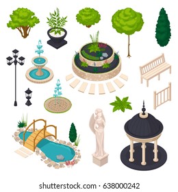 Isometric Elements For City Landscape Constructor With Bench Gazebo Statue Streetlight Flowerbed Lake Trees And Bushes Isolated Vector Illustration