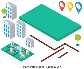 Isometric elements for city map. Buildings, trees, gps icons