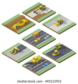 Isometric Elements Infographic Showing The Stages Of Construction Or Maintenance Road With The Appropriate Using The Technique, Vector Grpahic Illustration Design