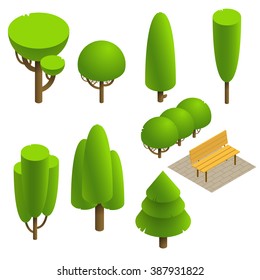 Isometric elements for landscape design.Vector illustration set isometric trees on white background. 