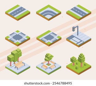 Elementos isométricos que representam uma interseção transversal de cidades.