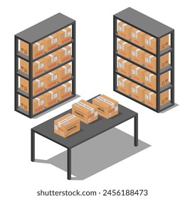 isometric elements storage room warehouse with parcels and shelves vector flat illustration