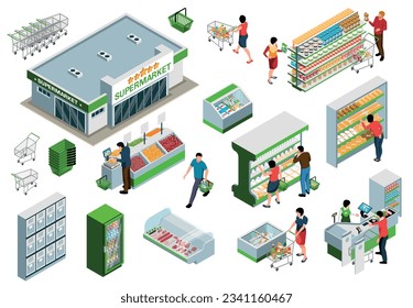 Isometric elements of supermarket trading hall with buyers choosing products on shelves trays and counters isolated on white background vector illustration
