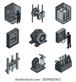 Isometric elevator maintenance and lift machinery icons.