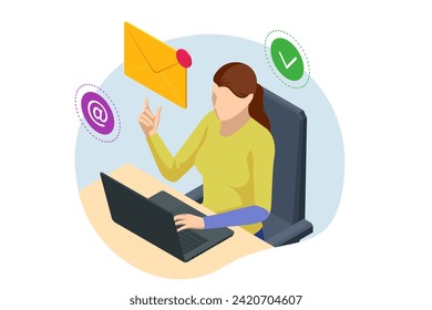 Isometric email, business e-mail communication and digital marketing, electronic message alert