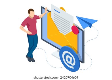 Isometric email, business e-mail communication and digital marketing, electronic message alert