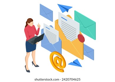 Isometric email, business e-mail communication and digital marketing, electronic message alert