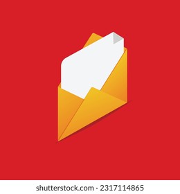 Isometric Email icon, Blank white paper coming out of an Yellow envelop, isolated on red background 