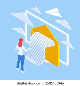 Isometric Email Inbox Electronic Communication. E-mail marketing. Receiving messages. New mail receive. Inbox message