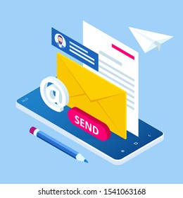 Isometric Email Inbox Electronic Communication. E-mail marketing. Receiving messages. New mail receive. Inbox message. Inbox email