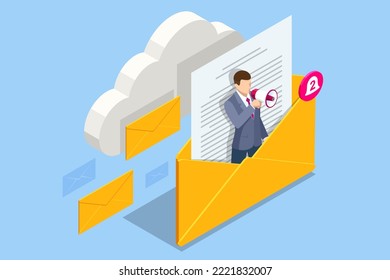 Concepto de notificación por correo electrónico isométrico. Concepto de mensajes de texto en línea de chat social. Spam. Nuevo correo electrónico, mensajería, comercialización de correo electrónico Proceso de trabajo, Nuevo mensaje de correo electrónico