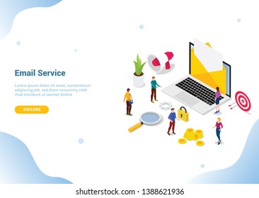 isometric email service or services concept for web or website template landing homepage banner - vector illustration