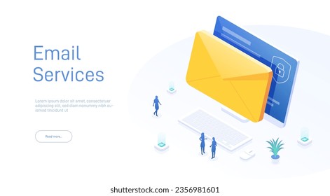 Isometric Email services concept. Data analysis, checking email. Computer monitor 3d isometric design. Technology in isometric design. Vector illustration.