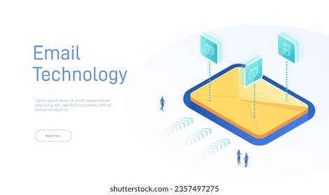 Isometric Email services concept. Data analysis, checking email. Computer monitor 3d isometric design. Technology in isometric design. Vector illustration.