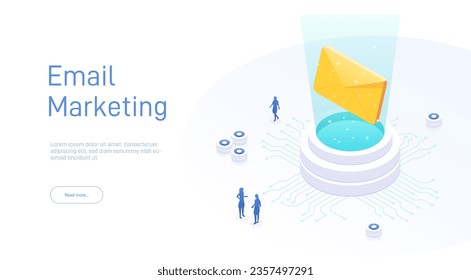 Isometric Email services concept. Data analysis, checking email. Computer monitor 3d isometric design. Technology in isometric design. Vector illustration.