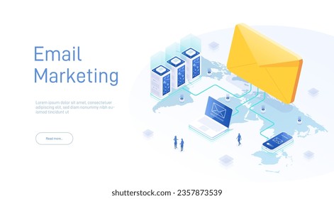 Isometric Email services concept. Data analysis, checking email. Computer monitor 3d isometric design. Technology in isometric design. Vector illustration.