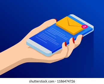 Isometric email or sms app on a smartphone screen. New message is received. Female fingers touching smartphone with mail icon on it. Vector illustration.