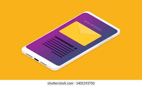 Isometric email or sms app on a smartphone screen. New message is received. 