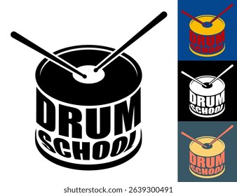 Isometric emblem of musical drum school. Percussion musical instrument. Drum with drumsticks musical sign. Simple top view vector