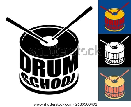 Isometric emblem of musical drum school. Percussion musical instrument. Drum with drumsticks musical sign. Simple top view vector