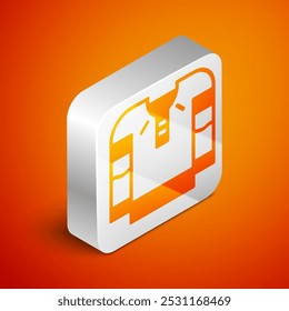 Isometric Embroidered shirt icon isolated on orange background. National ukrainian clothing. Silver square button. Vector