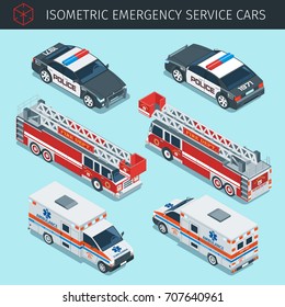 Isometric emergency service cars with front and rear views. 3d vector transport icons set. Highly detailed vector illustration