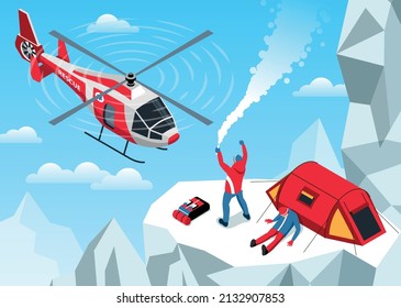 Isometric emergency service horizontal composition with mountain scenery and climbers raising alarm with flying rescue helicopter vector illustration