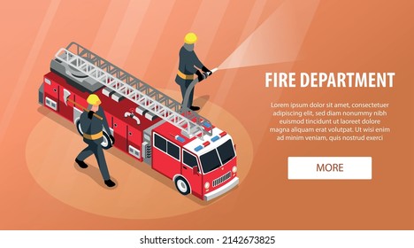 Banner horizontal de servicios de emergencia isométricos con caracteres de combate contra incendios camioneta texto editable y más ilustración de botón vectorial