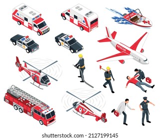 Isometric emergency services set with isolated icons of service cars fire truck helicopter airplane and people vector illustration